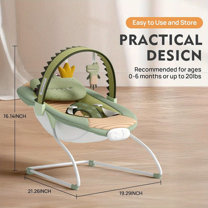 Foldable Infant Bouncer Seat with Hanging Toy Arch, Pink Crown or Green Crocodile Design for Supervised Awake Play, Listed Up to 20 lbs