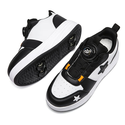 Boys Mesh Roller Sneakers with Removable Wheels, Black Low-Top Skate Shoes with TPR Insole and 2-Wheel or 4-Wheel Options for Outdoor Play
