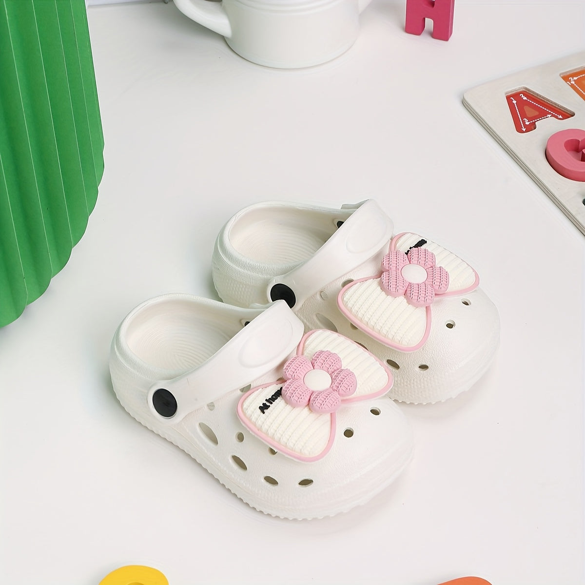 Kids EVA Bow Clogs for Girls, Thick-Sole Anti-Slip Slip-On Shoes in Black or Beige for At-Home Wear and Everyday Casual Outfits