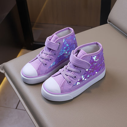 Purple Sequin High-Top Sneakers for Girls with Hook-and-Loop Closure, Lightweight Canvas-Style Casual Shoes for Toddler to Big Kid Everyday Outfits