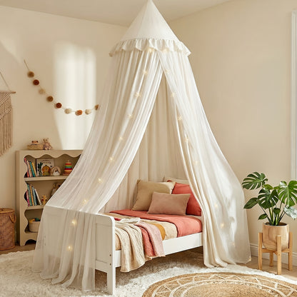 Princess Bed Canopy Tent with Star Night Light, Hammock Style Kids Bed Curtain Dome Mosquito Net, Double Layer Dustproof Breathable Reading Nook Drape for Toddler and Adult Beds, Machine Washable, White Pink Purple