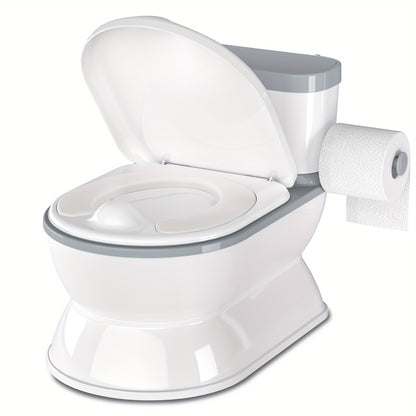 Realistic Flush Sound Potty Training Toilet 2-in-1 with Removable Training Seat, Storage Bin, Flip-Up Lid and Toilet Paper Holder, Self-Contained Kids Bathroom System for Toddlers 1-3 Years, Grey