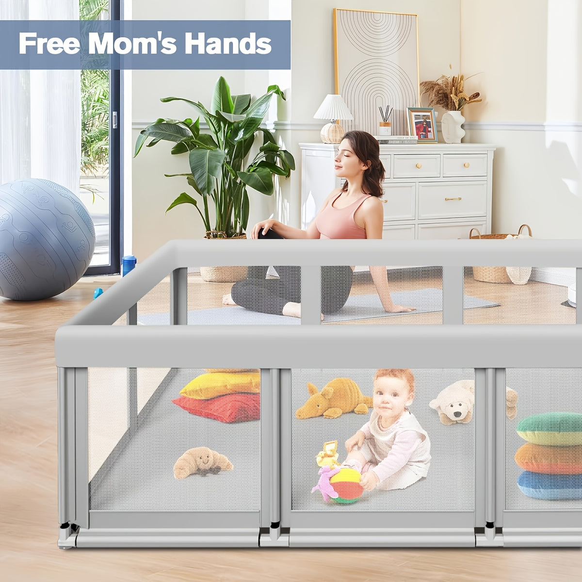 Baby Playpen with Breathable Mesh for Indoor and Outdoor Play, Large Kids Activity Yard in Beige or Gray with Multiple Size Options