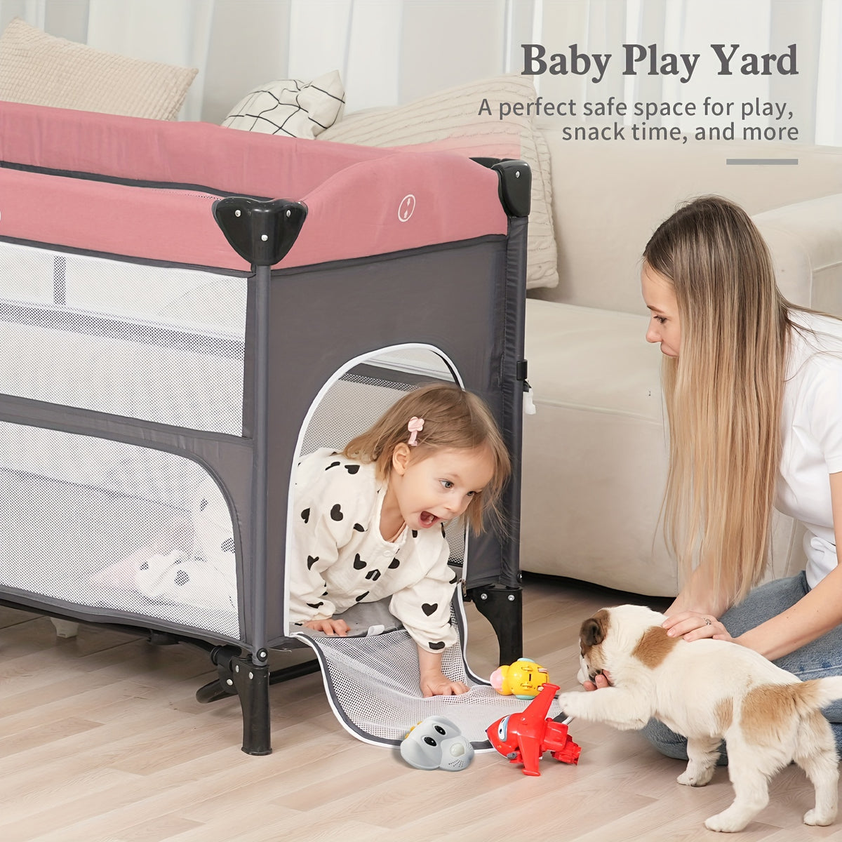 Foldable Baby Bassinet with Diaper Changing Station, 5-in-1 Infant Sleeper and Crib-Style Setup with Mattress Storage in Pink