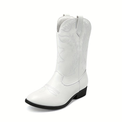 Embroidered Mid-Calf Western Riding Boots for Kids - Pull-On Cowboy Cowgirl Boots with Round Toe, Soft Lining & Flexible TPR Sole for Boys & Girls, Little Kid & Big Kid Sizes