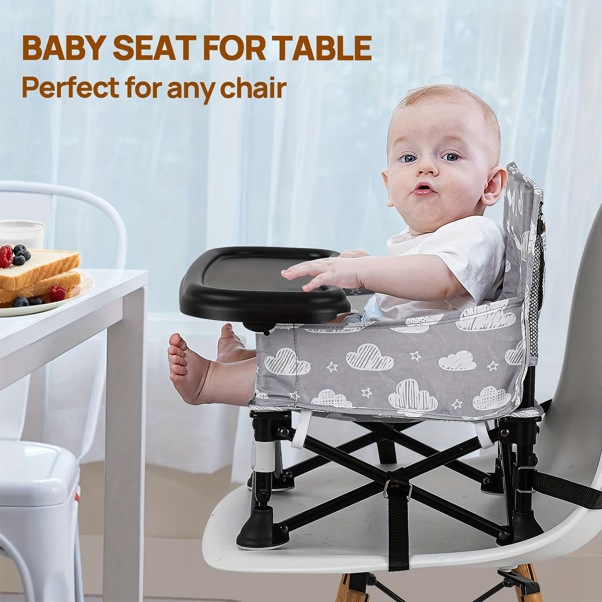 Baby Travel Dining Chair with Tray, Portable Folding Feeding Seat with Kitchen Chair Attachment Straps for Indoor Meals and Outdoor Outings