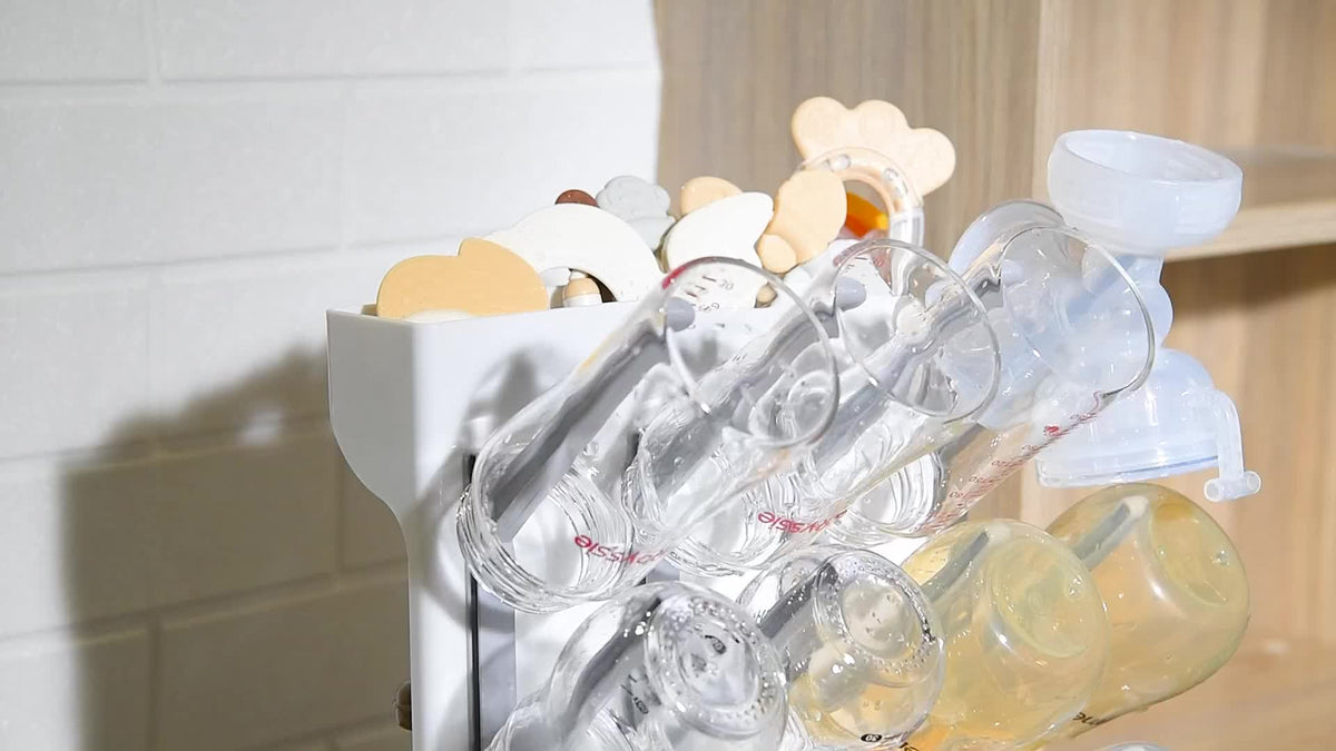 Space-Saving Bottle Drying Rack with Vertical Bottle Holders and Drip-Through Top Accessory Tray, Countertop Organizer for Baby Feeding Supplies