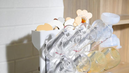 Space-Saving Bottle Drying Rack with Vertical Bottle Holders and Drip-Through Top Accessory Tray, Countertop Organizer for Baby Feeding Supplies