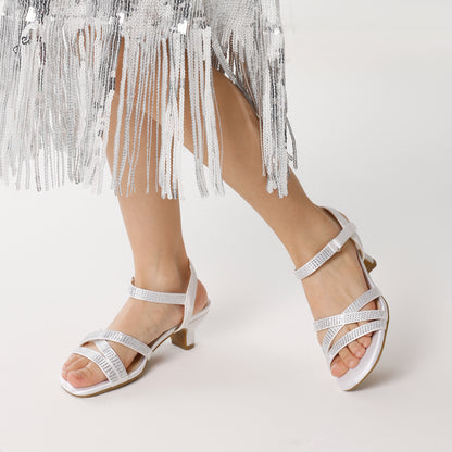 Floral Girls Low Heel Sandals with Open Toe Design, Dress Shoes for Little and Big Kids in Gold, Rose Gold, Silver or White for Weddings and Parties