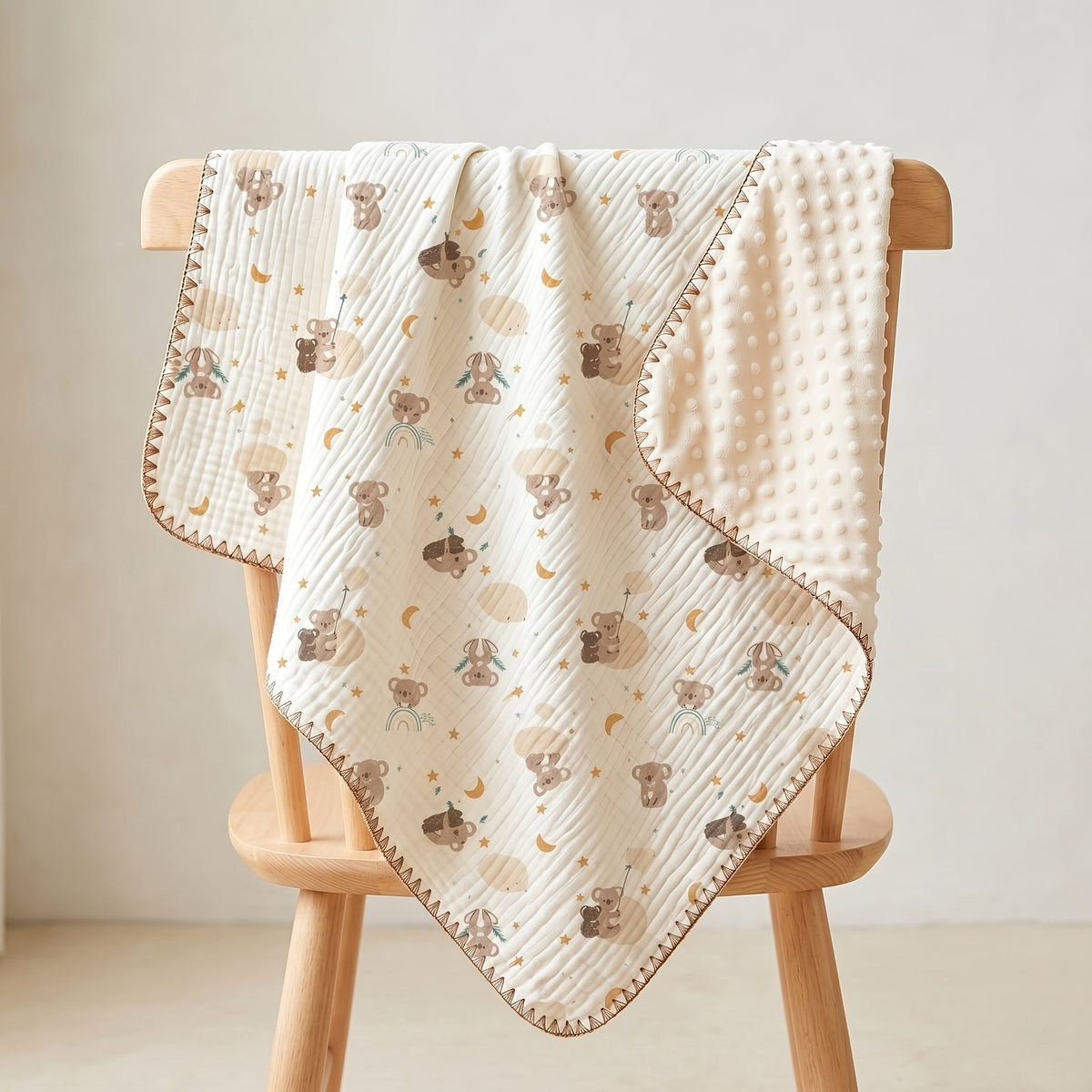 Double-Layer Baby Blanket with Cotton Gauze and Minky Dot Backing, 39.37 x 39.37 Inch Newborn Wrap in Bear, Rabbit and Dinosaur Prints
