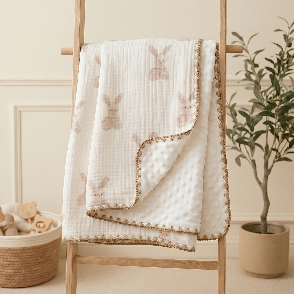 Double-Layer Baby Blanket with Cotton Gauze and Minky Dot Backing, 39.37 x 39.37 Inch Newborn Wrap in Bear, Rabbit and Dinosaur Prints