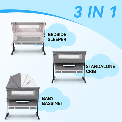 3-in-1 Mesh Bedside Sleeper Bassinet for Baby, Adjustable Infant Crib with Wheels and Storage Basket, 16 lb Frame and 33 lb Listed Infant Weight Limit