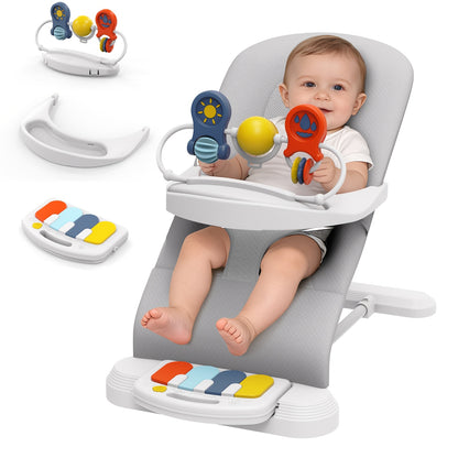 Piano Baby Bouncer and Rocker, 3-in-1 Portable Seat with Detachable Keyboard, Feeding Tray, Play Bar and Three Adjustable Incline Positions