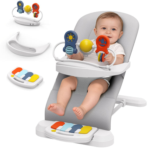 Piano Baby Bouncer and Rocker, 3-in-1 Portable Seat with Detachable Keyboard, Feeding Tray, Play Bar and Three Adjustable Incline Positions