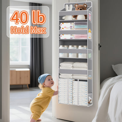 Swing-Proof Over the Door Organizer, 6-Shelf Hanging Storage with 6 Clear Front and 12 Side Pockets, Holds Up to 50LB, No-Drill Behind Door Storage for Nursery, Closet, Bedroom and Bathroom