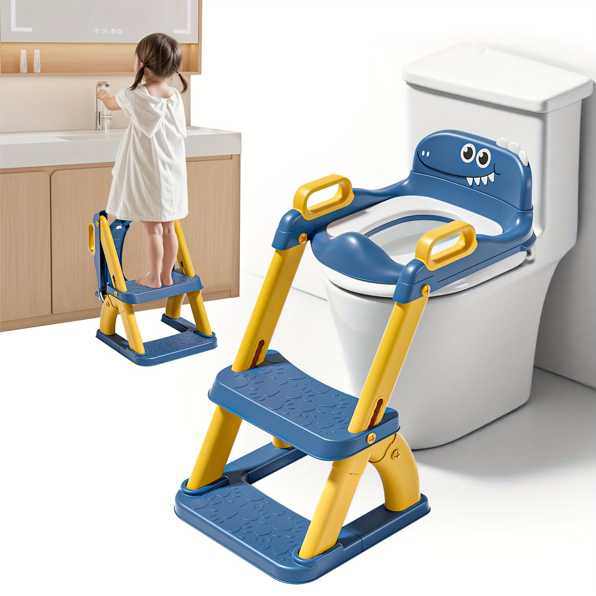 Dinosaur Potty Training Seat with Step Stool, 2-in-1 Toddler Toilet Seat with Detachable Triangular Base, Splash Guard and Non-Slip Mat, Color Options