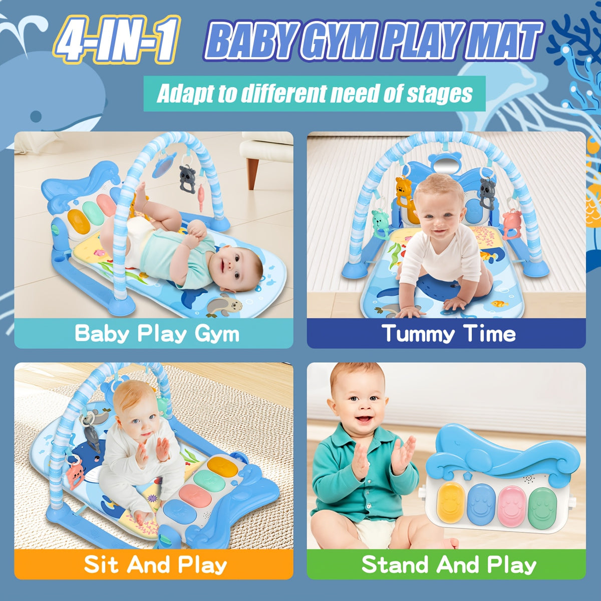 Kick and Play Piano Baby Activity Mat in Blue with Light-Up Keys, 4 Detachable Sensory Toys and Mirror for Newborn Tummy Time and Floor Play
