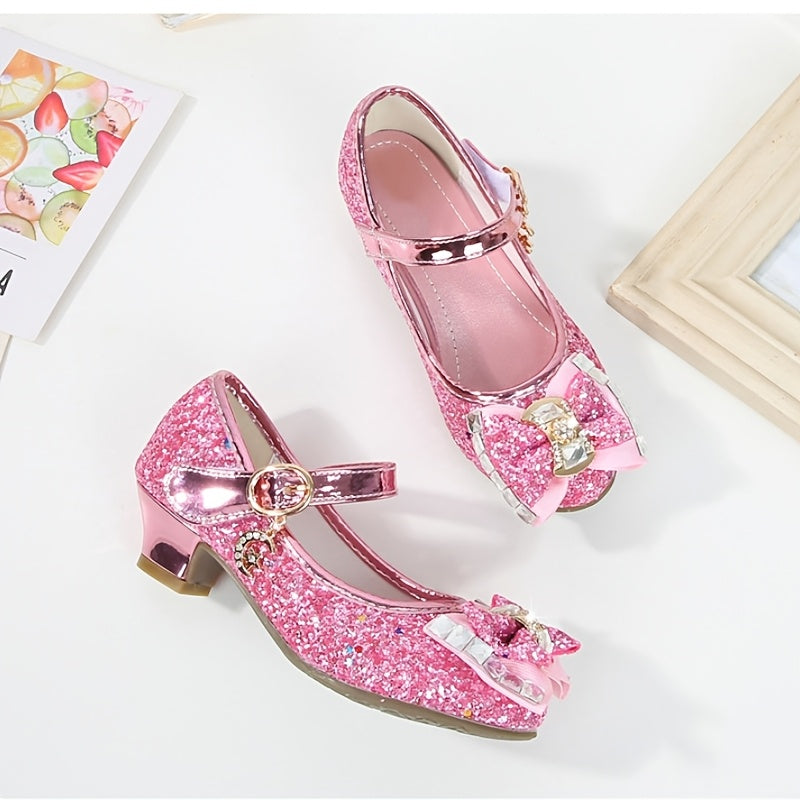 Dazzling Glitter Stone Mary Jane Party Heels for Girls - Sparkly Shoes with Round Toe & Magic Tape Closure, Perfect for Flower Girl, Wedding & Birthday Celebrations, Toddler to Big Kid Sizes