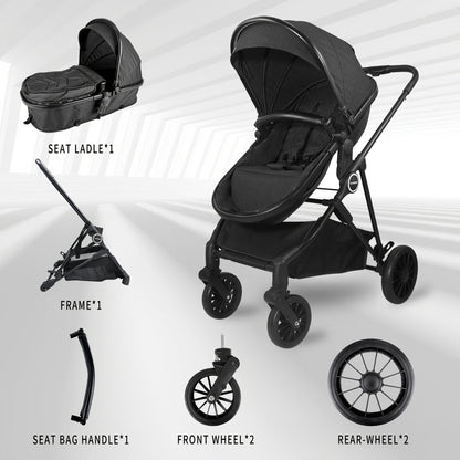 Reversible Baby Stroller with Parent-Facing and World-Facing Modes, Bassinet Configuration, Canopy and Storage Basket for Family Outings