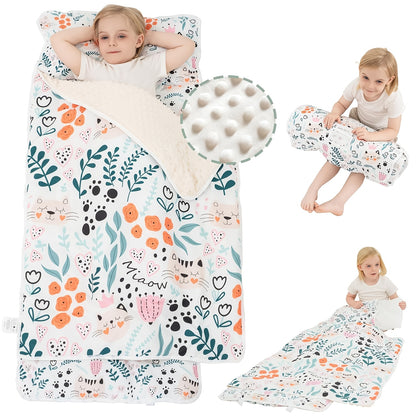 Kids Nap Mat with Pillow and Blanket for Preschool Daycare, Roll-Up Slumber Mat for Boys and Girls, Colorful Prints for Travel and Rest Time