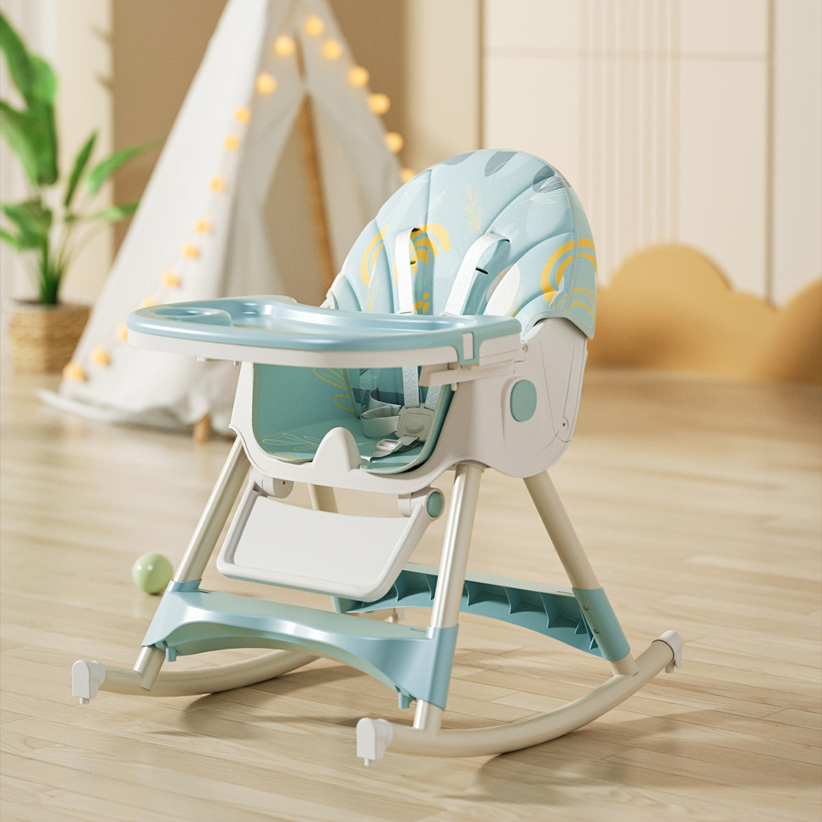 Convertible Baby Feeding Chair with Tray, Adjustable Folding High Chair with Padded Seat and Rocking Configuration for Home Mealtimes