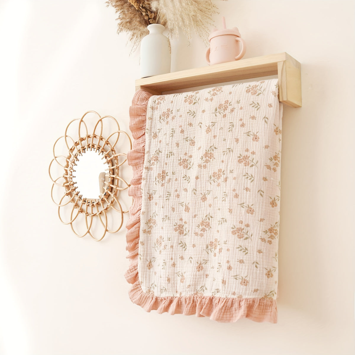 Flounce Muslin Baby Blanket for Infants and Toddlers, 40 x 36 Inch Lightweight Cotton Nursery Blanket with Pink, Fawn and Bowknot Options