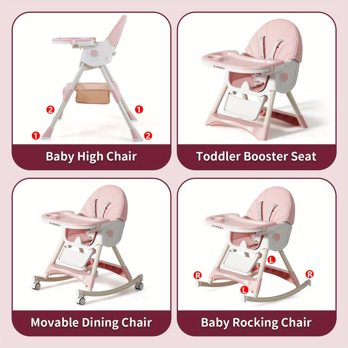 Adjustable Baby Dining Chair with Tray, Convertible Folding High Chair with Multi-Position Backrest and 5-Point Harness for Home Meals and Outings