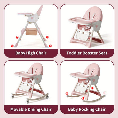 Adjustable Baby Dining Chair with Tray, Convertible Folding High Chair with Multi-Position Backrest and 5-Point Harness for Home Meals and Outings