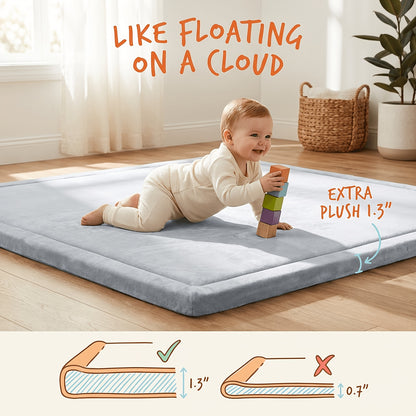 Tummy-Time Velvet Play Mat with 1.3-Inch Cushioning, Non-Slip Crawling Floor Pad for Infants and Toddlers, Four Size Options