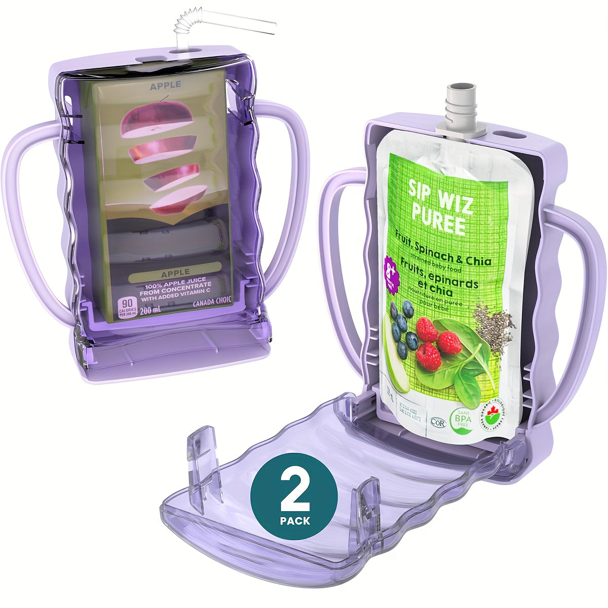 Toddler Food Pouch Holder 2-Pack by PINDAR, Purple Reusable Anti-Squeeze Holders with Dual Handles for Yogurt Pouches and Juice Boxes