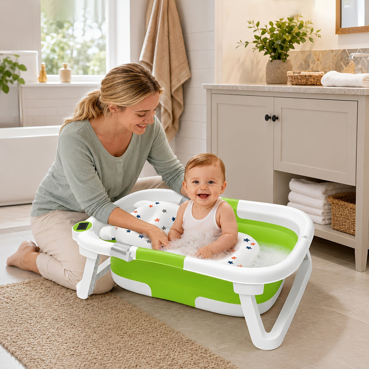 Baby Bathtub with Thermometer and Soft Cushion, Collapsible Infant-to-Toddler Bath Tub for 0 to 36 Months with Easy-Grip Handles in Five Colors