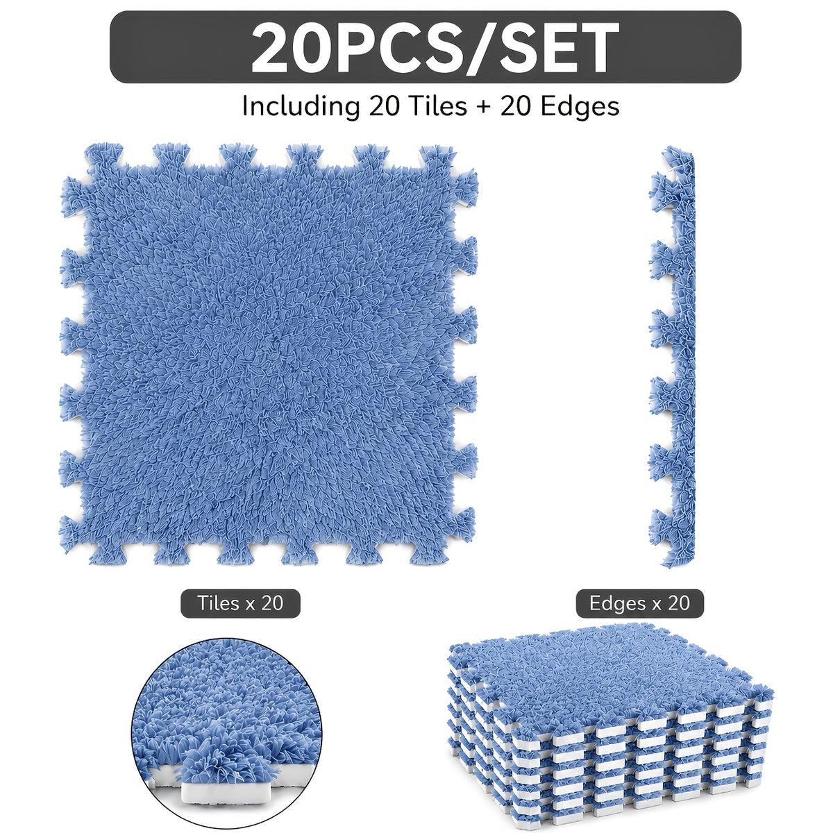 Interlocking Foam Puzzle Floor Mat Set, 20 Soft Plush Baby Tiles with 20 Edge Trims for Crawling, Nursery Play Areas, Bedrooms and Living Rooms