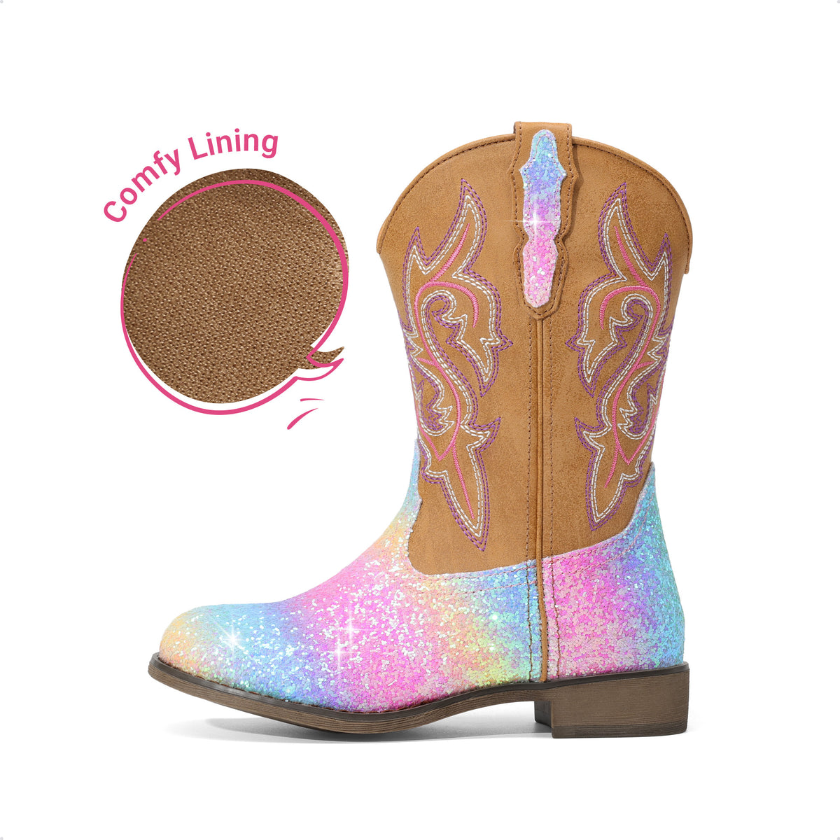 Kids Glitter Cowgirl Boots, Sparkly Western Mid-Calf Pull-On Shoes with Embroidered PU Upper, Round Toe and Easy-Grip Tabs for Girls’ Dance, Dress-Up, Parties & Everyday Play