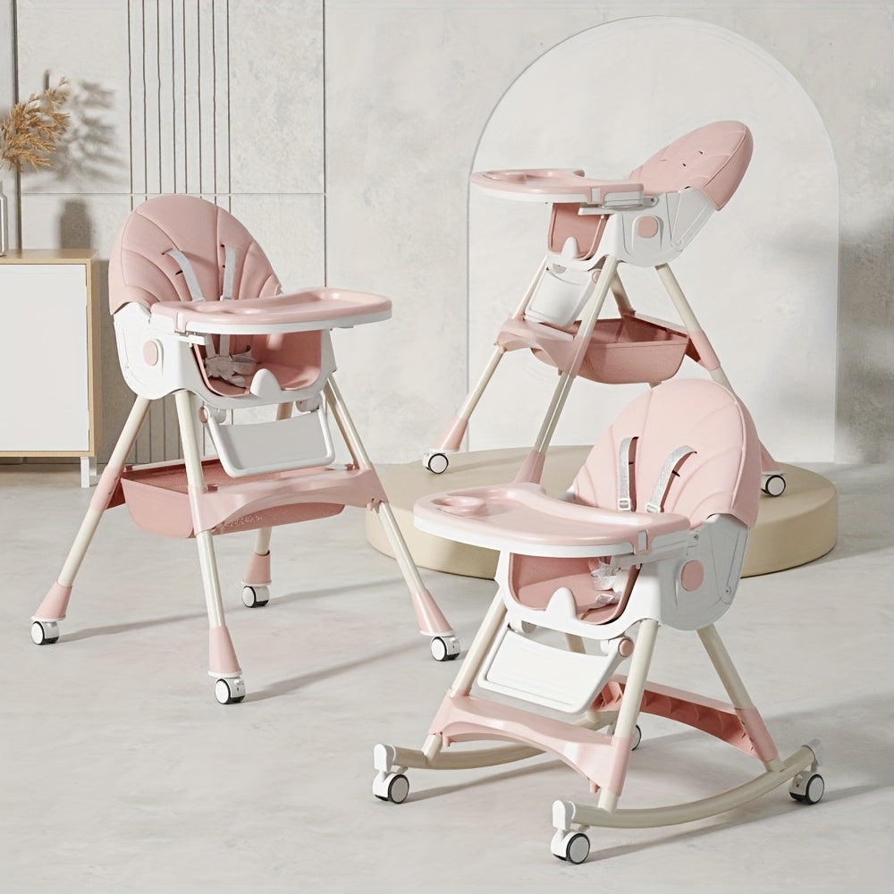 Convertible Baby Feeding Chair with Tray, Adjustable Folding High Chair with Padded Seat and Rocking Configuration for Home Mealtimes