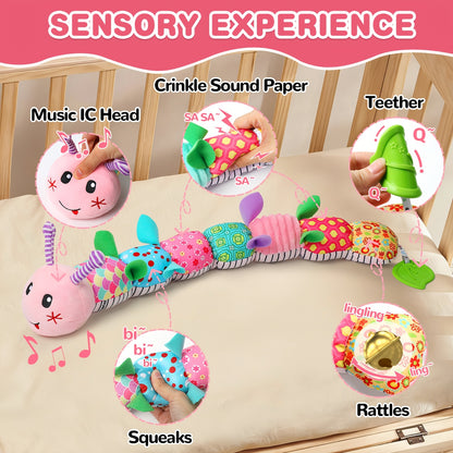 Musical Caterpillar Baby Toy, Plush Sensory Animal with Crinkle Sounds, Rattle and Colorful Textured Segments for Supervised Tummy Time Play