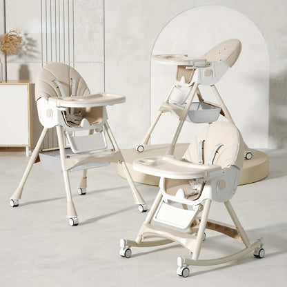 Convertible Baby Feeding Chair with Tray, Adjustable Folding High Chair with Padded Seat and Rocking Configuration for Home Mealtimes