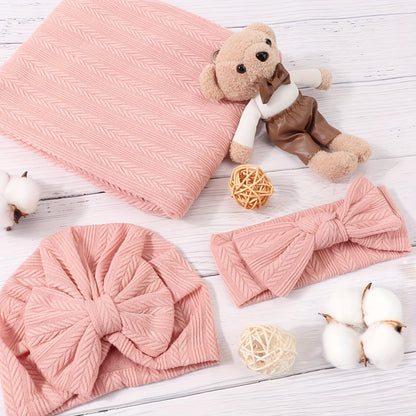 Baby Swaddle Blanket Gift Set with Matching Hat and Bow Headband, 3-Piece Newborn Wrap Accessories for Girls and Boys in Four-Season Colors