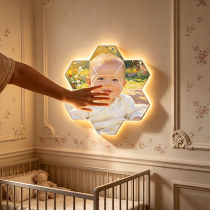 Hexagon Nursery Photo Wall Frames with Touch-Activated Lighting, Customizable Modular Picture Display for Baby Growth Memories and First Birthday Decor