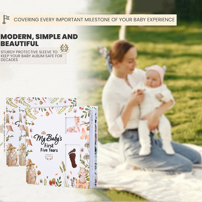 Baby Memory Book for First 5 Years, 124-Page Gender-Neutral Woodland Milestone Journal with Photo Spaces, Gold Foil Cover and Lay-Flat Binding