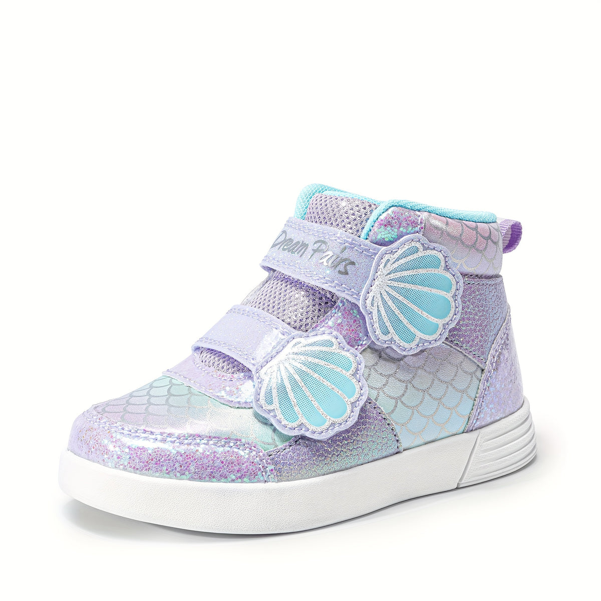 Girls Shell-Pattern High-Top Sneakers with Shiny Detail, Casual Walking Shoes for Toddlers and Little Kids in Pink, Lavender or White