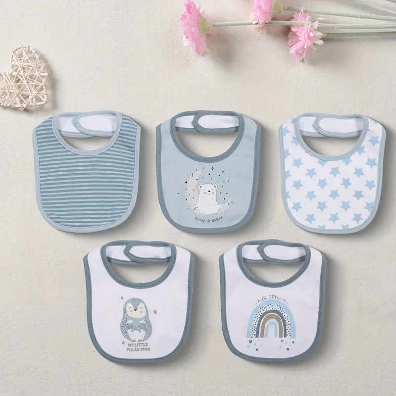 Embroidered Baby Feeding Bibs 5-Pack, Soft Absorbent Cotton Outer Layer with Cartoon Designs for Infant Mealtimes and Drool, Boys and Girls