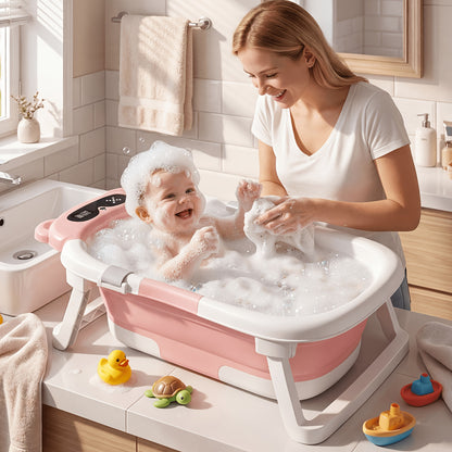 Folding Infant Bath Tub with Soft Cushion and Thermometer, Non-Slip Collapsible Baby Bathtub for Supervised Newborn-to-Toddler Bathing at Home or Travel