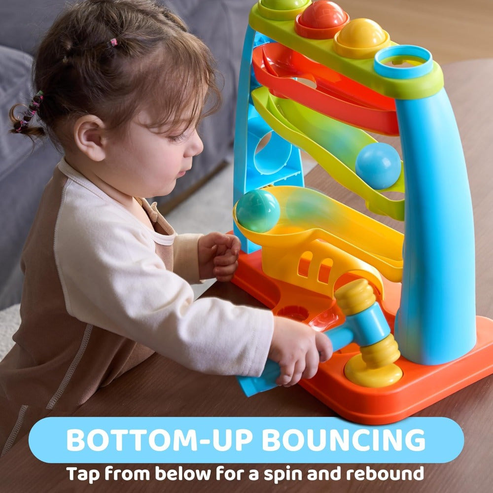 Toddler Ball Drop Toy with Hammer, Four-Tier Pounding and Rolling Track with 5 Colorful Balls for Cause-and-Effect Play, Ages 18 Months and Up
