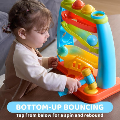 Toddler Ball Drop Toy with Hammer, Four-Tier Pounding and Rolling Track with 5 Colorful Balls for Cause-and-Effect Play, Ages 18 Months and Up
