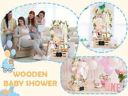 Wooden Baby Shower Gift Crate with Handle, Large 4-in-1 Assembly Basket for Pregnancy and New Parent Gift Displays and Keepsake Storage