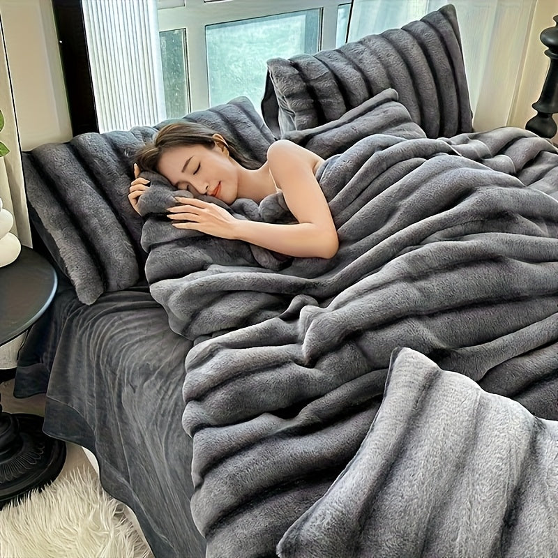 Striped Faux Rabbit Fur Throw Blanket with Flannel Back, Double-Sided Sofa and Bed Cover in Throw, Twin XL, Queen or King Sizes and Multiple Colors