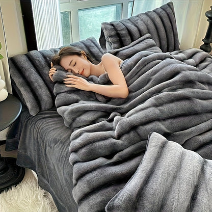 Striped Faux Rabbit Fur Throw Blanket with Flannel Back, Double-Sided Sofa and Bed Cover in Throw, Twin XL, Queen or King Sizes and Multiple Colors