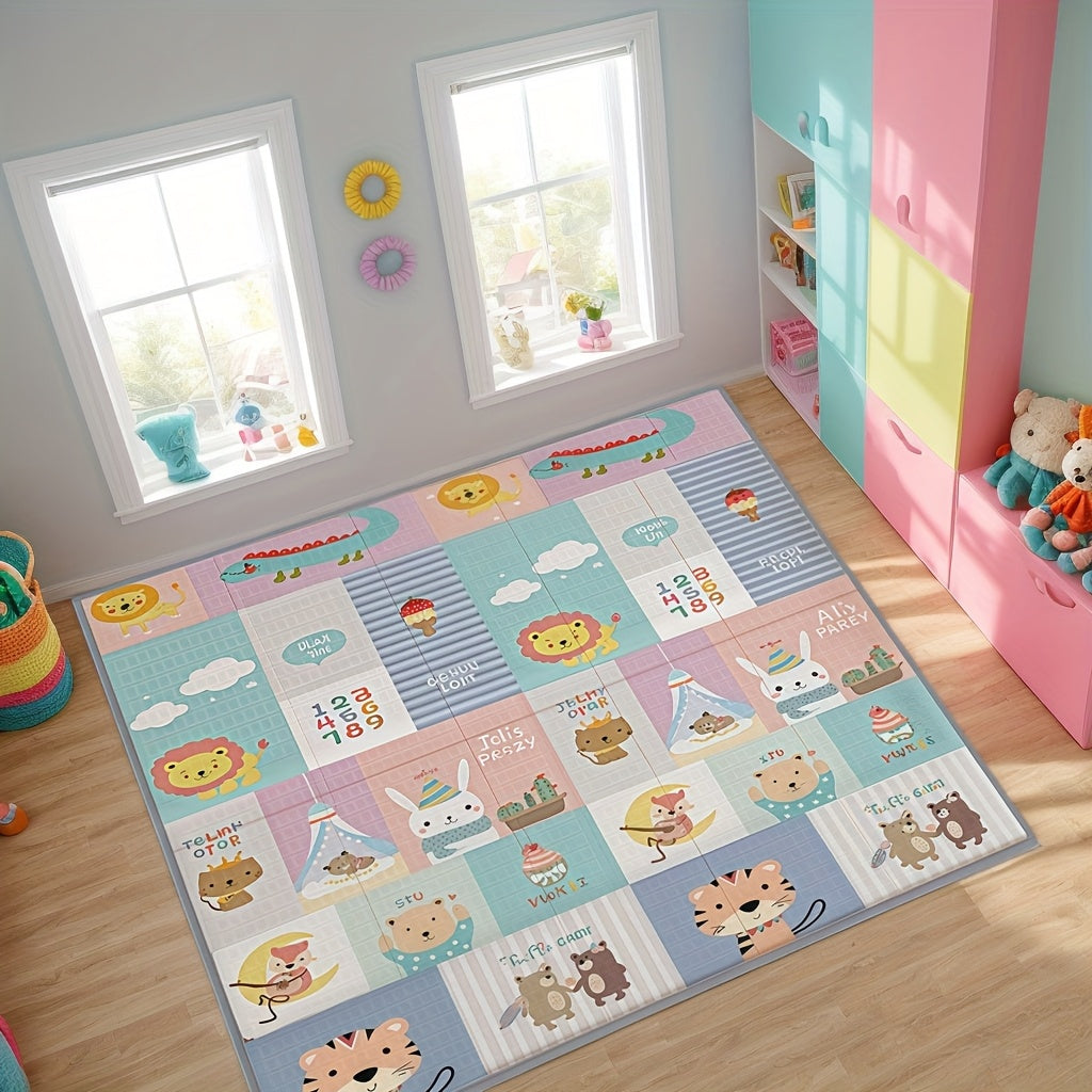 Double-Sided Baby Crawling Mat 76 x 57 Inches, Foldable Easy-Clean Floor Play Mat with Illustrated Designs for Supervised Tummy Time and Toddler Play