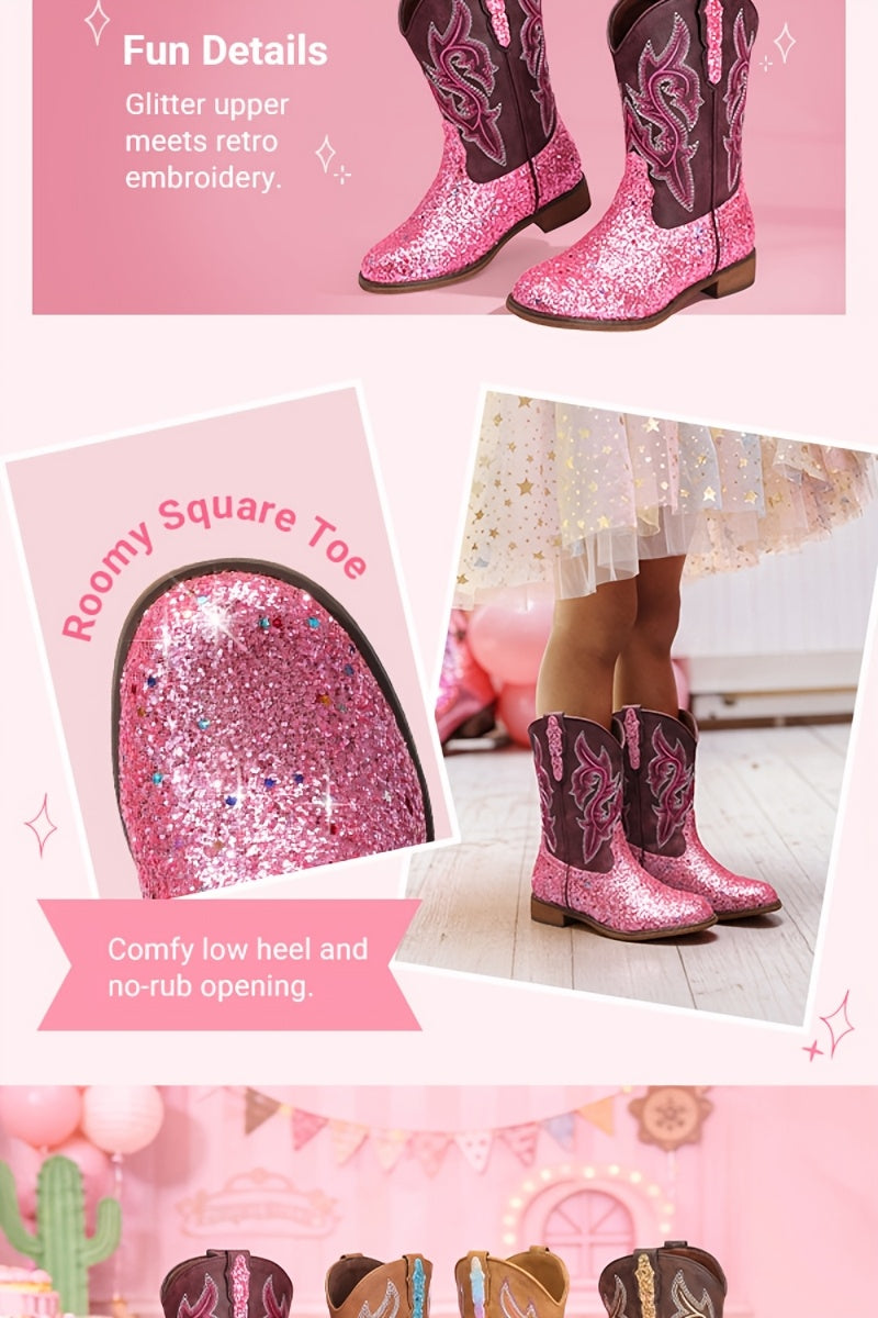 Kids Glitter Cowgirl Boots, Sparkly Western Mid-Calf Pull-On Shoes with Embroidered PU Upper, Round Toe and Easy-Grip Tabs for Girls’ Dance, Dress-Up, Parties & Everyday Play