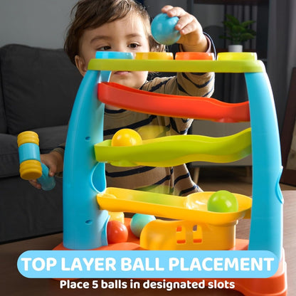 Toddler Ball Drop Toy with Hammer, Four-Tier Pounding and Rolling Track with 5 Colorful Balls for Cause-and-Effect Play, Ages 18 Months and Up